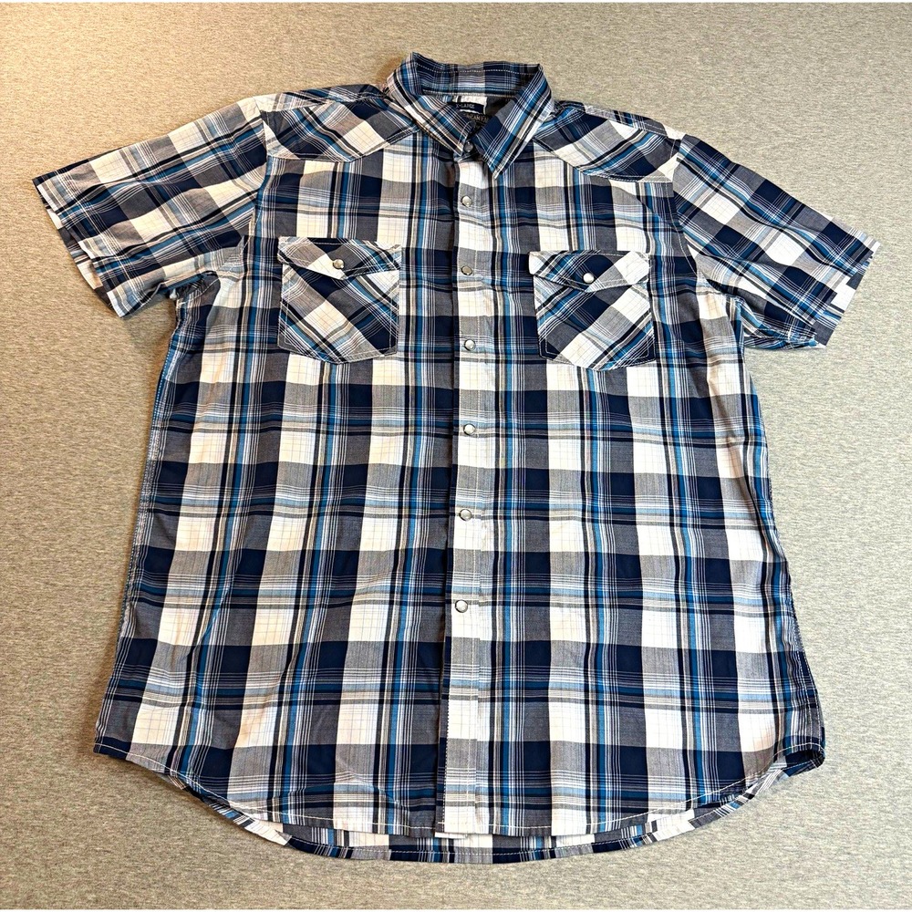 American Rag Cie Men XL Plaid Western Pearl Snap Shirt Short Sleeve Blue White